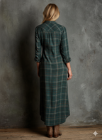 Women's Plaid Lapel Single-Breasted Shirt Long Dress Long Sleeve Casual Elegant – Green Tartan - Lolly 