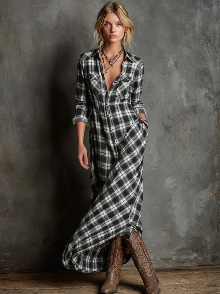 Women's Plaid Lapel Single-Breasted Shirt Long Dress Long Sleeve Casual Elegant – Green Tartan - Lolly 