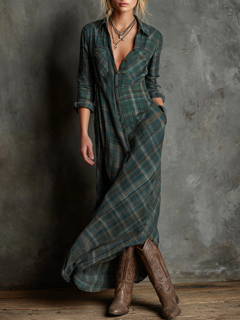 Women's Plaid Lapel Single-Breasted Shirt Long Dress Long Sleeve Casual Elegant – Green Tartan - Lolly 