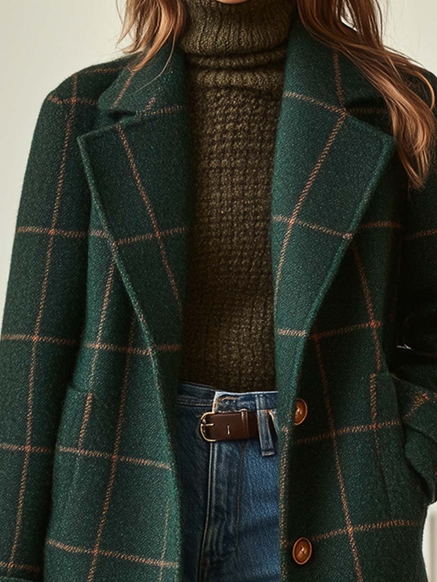 Women's Plaid Wool-Blend Coat Lapel Collar Long Winter Outerwear - Lolly 