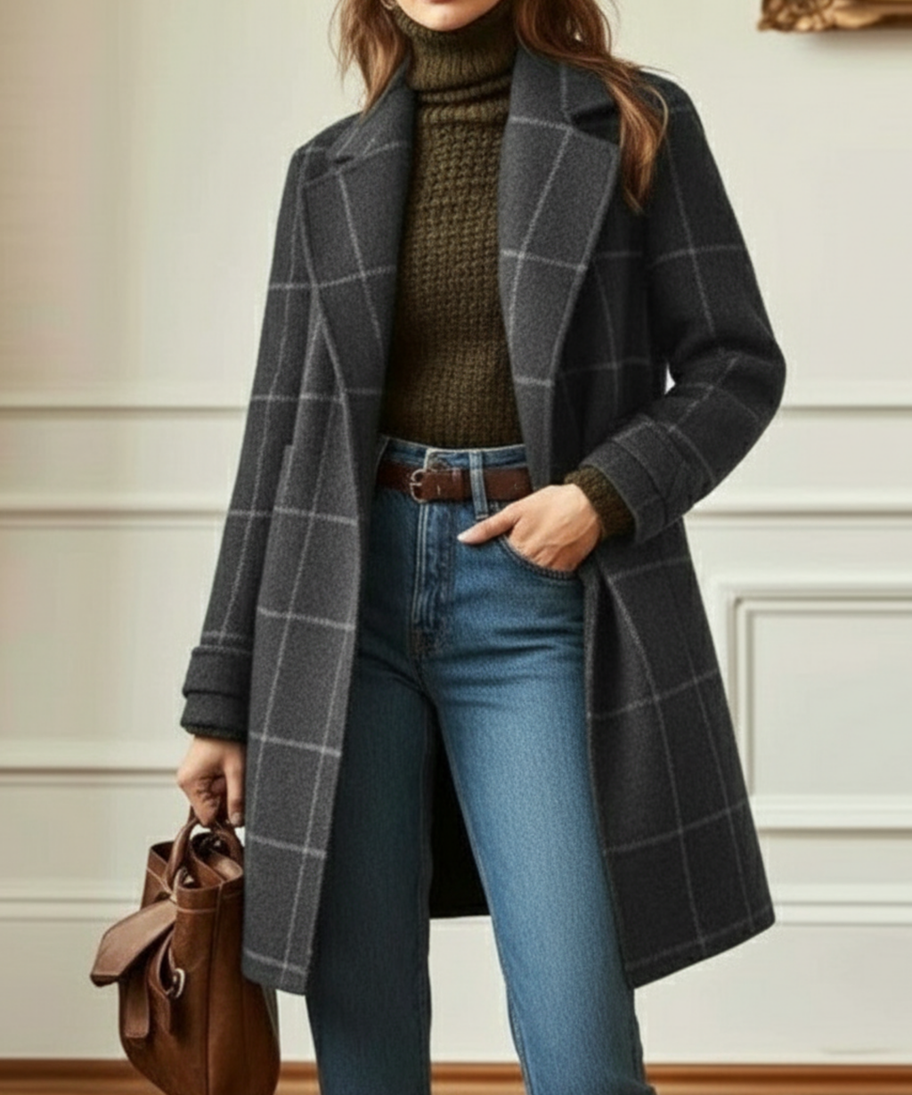 Women's Plaid Wool-Blend Coat Lapel Collar Long Winter Outerwear - Lolly 