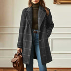 Women's Plaid Wool-Blend Coat Tailored Notch Lapel Winter Overcoat - Lolly 