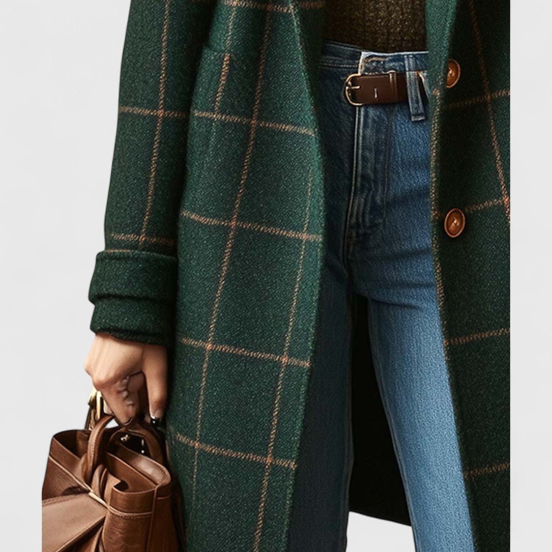 Women's Plaid Wool-Blend Coat Tailored Notch Lapel Winter Overcoat - Lolly 