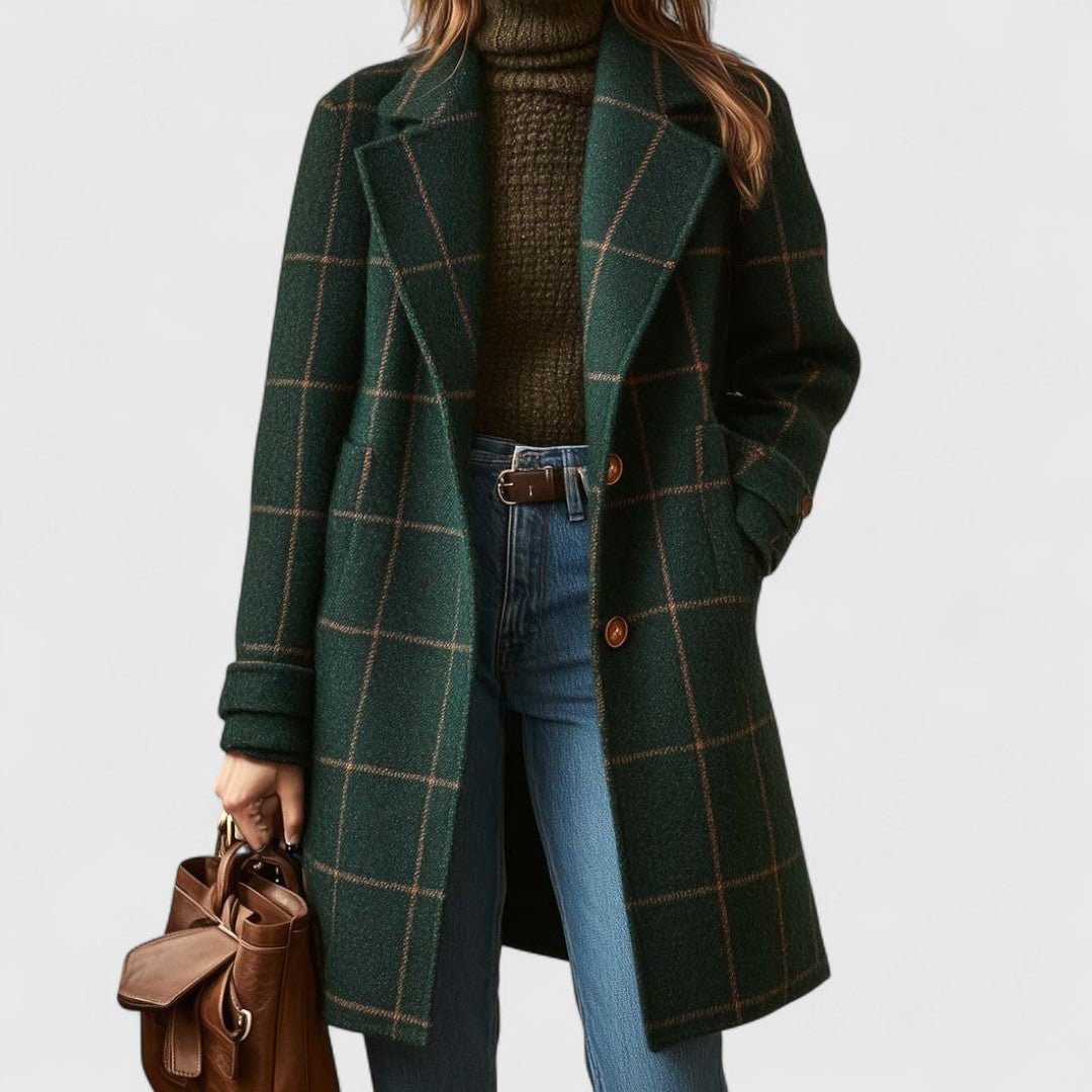 Women's Plaid Wool-Blend Coat Tailored Notch Lapel Winter Overcoat - Lolly 