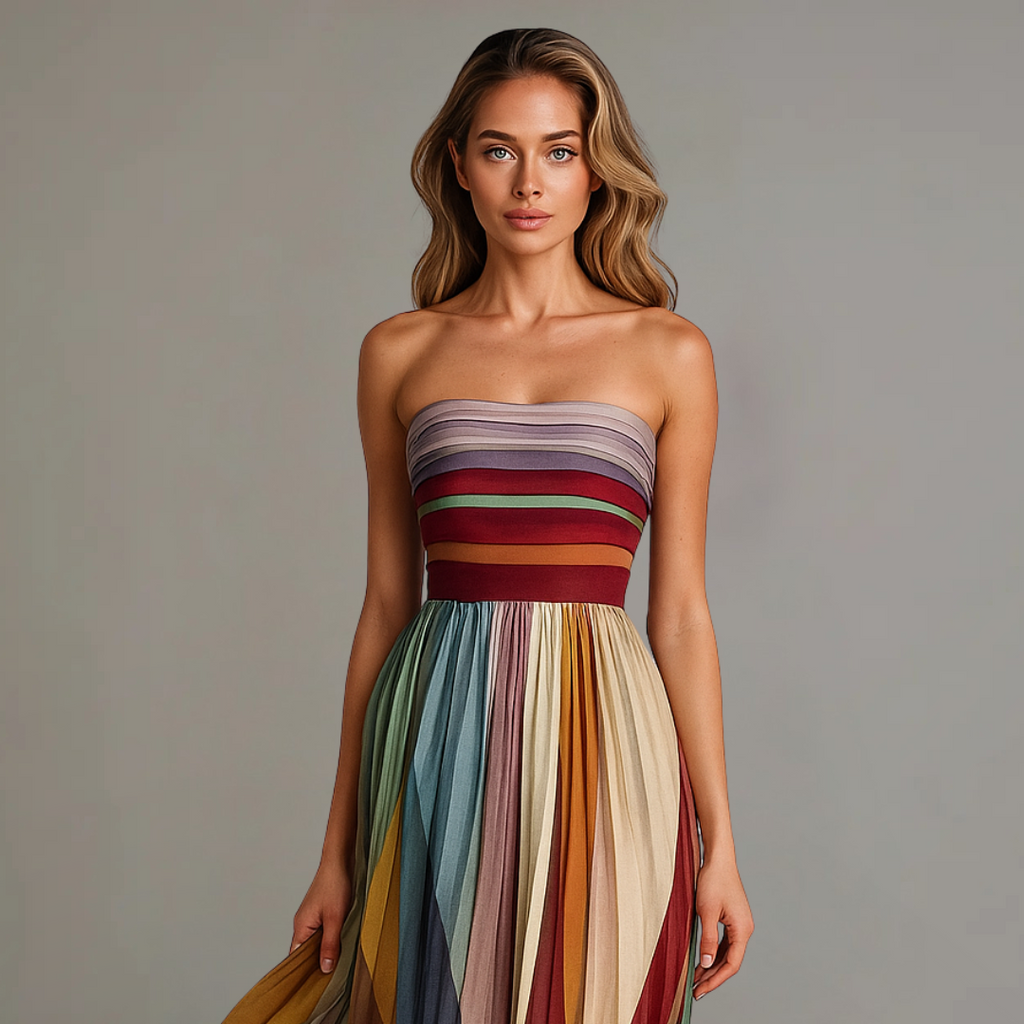 Women's Pleated Long Dress Striped Jewel Tones Strapless Formal Wedding Guest Summer Party – Judith - Lolly 