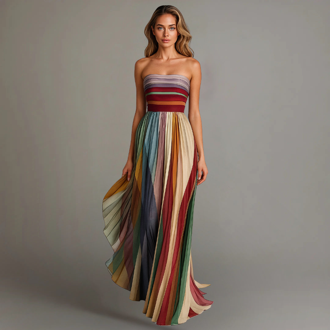Women's Pleated Long Dress Striped Jewel Tones Strapless Formal Wedding Guest Summer Party – Judith - Lolly 