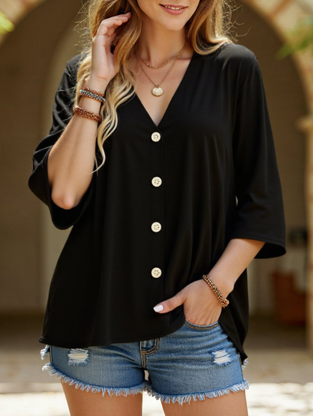 Women's Plus Size V-Neck Button Cardigan Top Sleeve Loose Casual Everyday Blouse – Multicolor - Lolly 