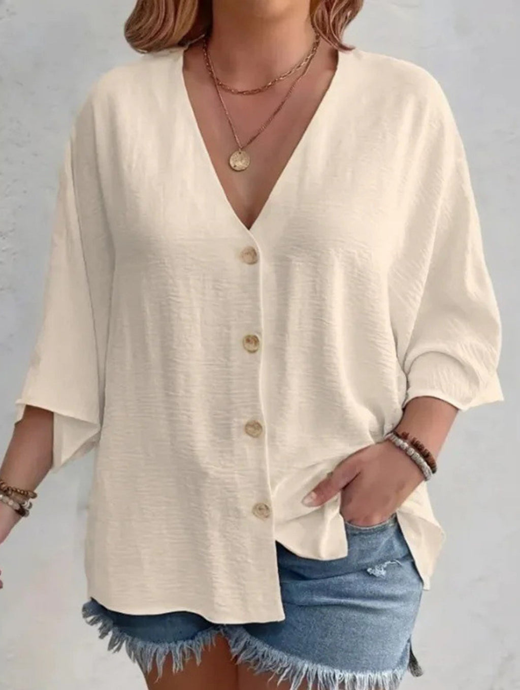 Women's Plus Size V-Neck Button Cardigan Top Sleeve Loose Casual Everyday Blouse – Multicolor - Lolly 