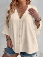 Women's Plus Size V-Neck Button Cardigan Top Sleeve Loose Casual Everyday Blouse – Multicolor - Lolly 