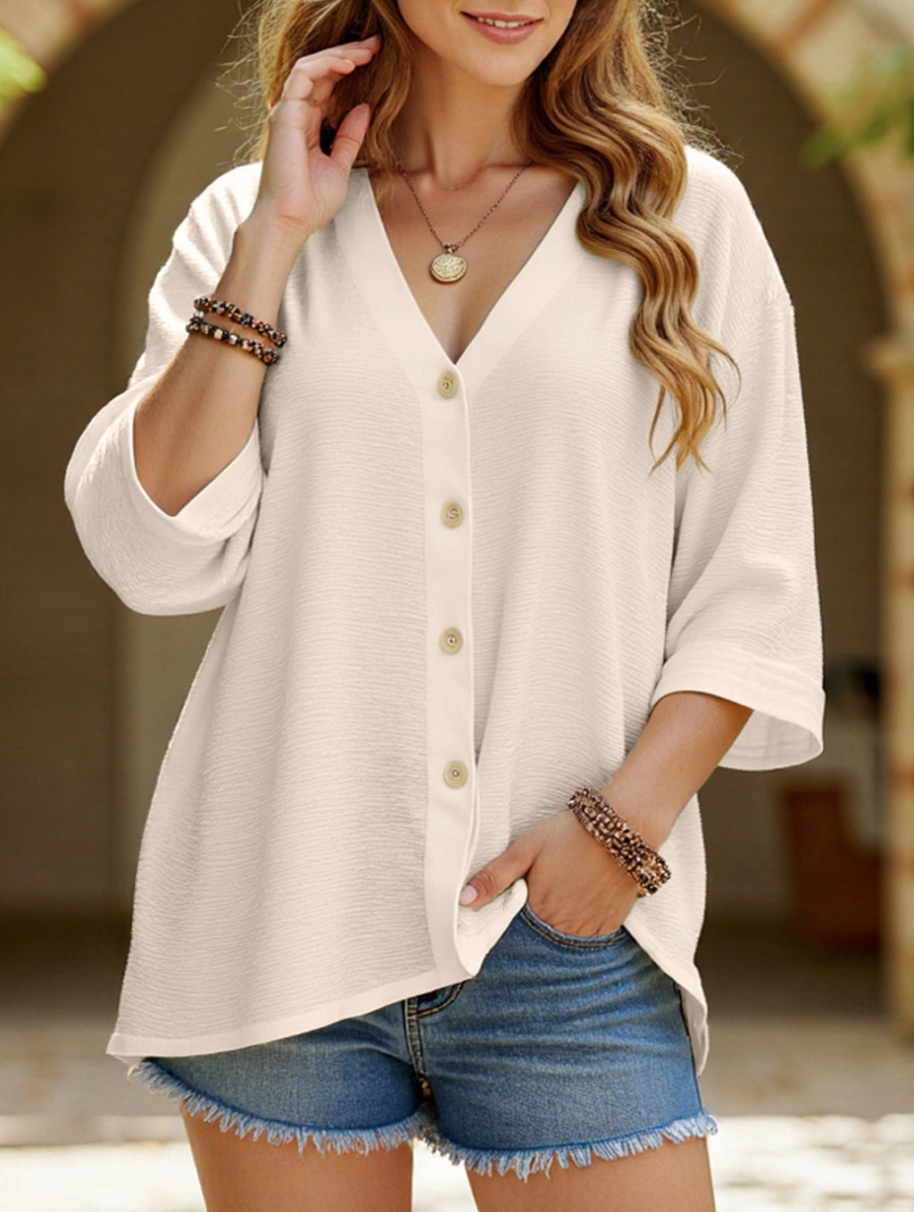 Women's Plus Size V-Neck Button Cardigan Top Sleeve Loose Casual Everyday Blouse – Multicolor - Lolly 