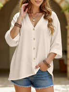 Women's Plus Size V-Neck Button Cardigan Top Sleeve Loose Casual Everyday Blouse – Multicolor - Lolly 