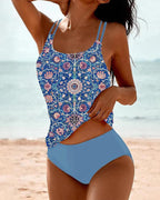 Women's Printed Tankini Swimsuit Set High Waist Layered Strap Smoothing Coastal Beach Summer Swimwear – Multicolor - Lolly 