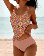 Women's Printed Tankini Swimsuit Set High Waist Layered Strap Smoothing Coastal Beach Summer Swimwear – Multicolor - Lolly 