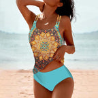 Women's Printed Tankini Swimsuit Set High Waist Layered Strap Smoothing Coastal Beach Summer Swimwear – Multicolor - Lolly 
