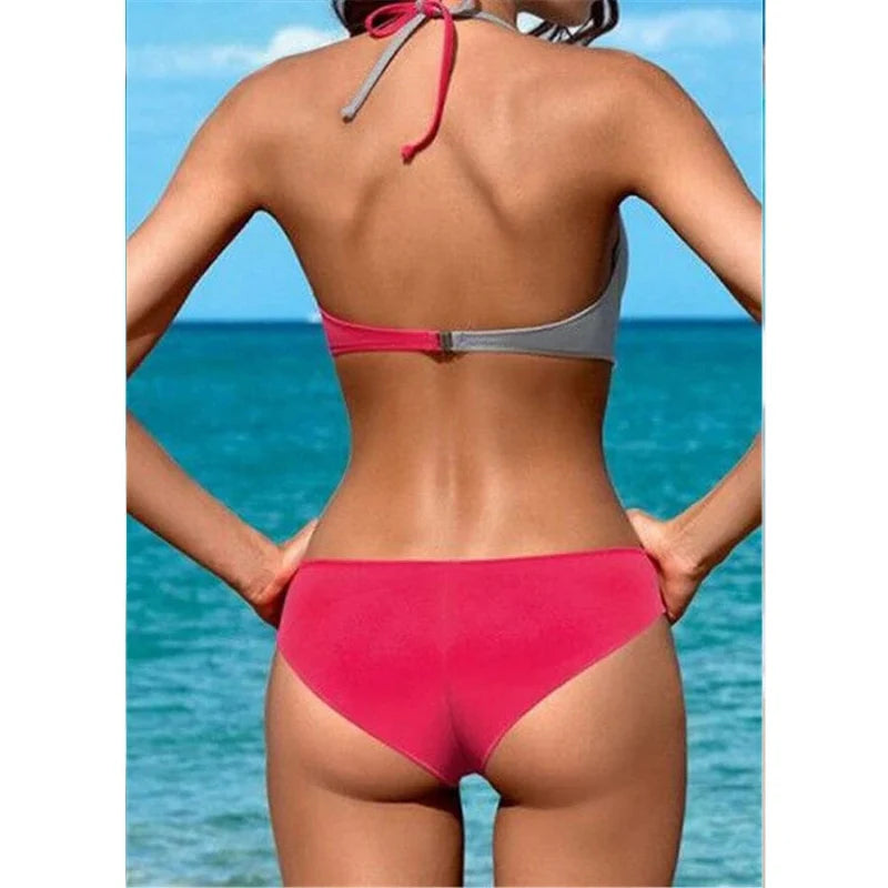 Women's Push Up Two-Tone Bikini Set Wire-Free Adjustable Neck Tie Low Waist Plus Size Beach Summer – Multicolor - Lolly 