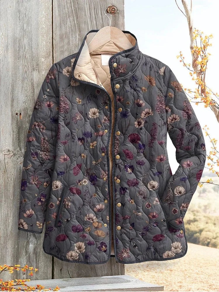 Women's Quilted Jacket – Floral Print Stand Collar Snap-Front - Lolly 