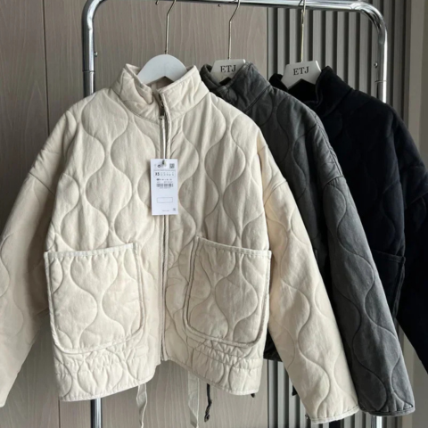 Women's Quilted Padded Jacket Full-Zip Stand Collar Winter Casual Outerwear - Lolly 