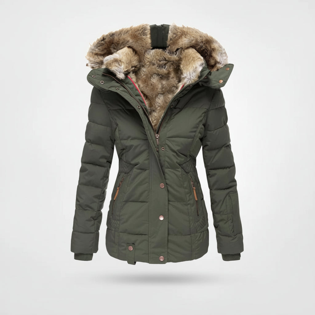 Women's Quilted Puffer Jacket Winter Hooded Coat Faux Fur Trim Fleece Lined - Lolly 