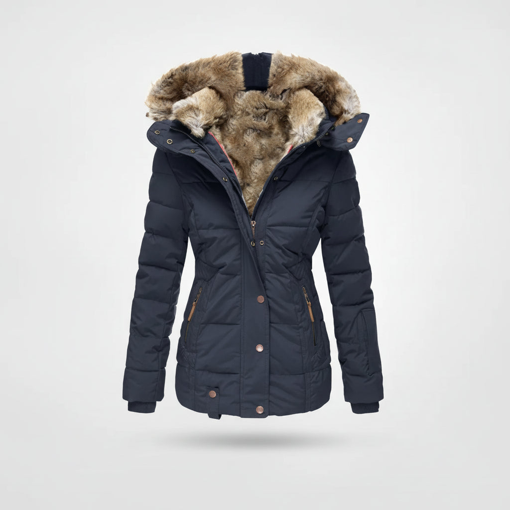 Women's Quilted Puffer Jacket Winter Hooded Coat Faux Fur Trim Fleece Lined - Lolly 