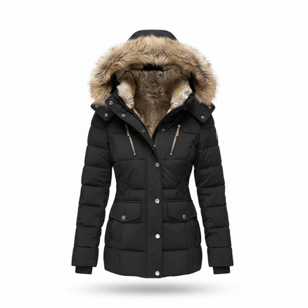 Women's Quilted Puffer Jacket Winter Hooded Coat Faux Fur Trim Fleece Lined - Lolly 