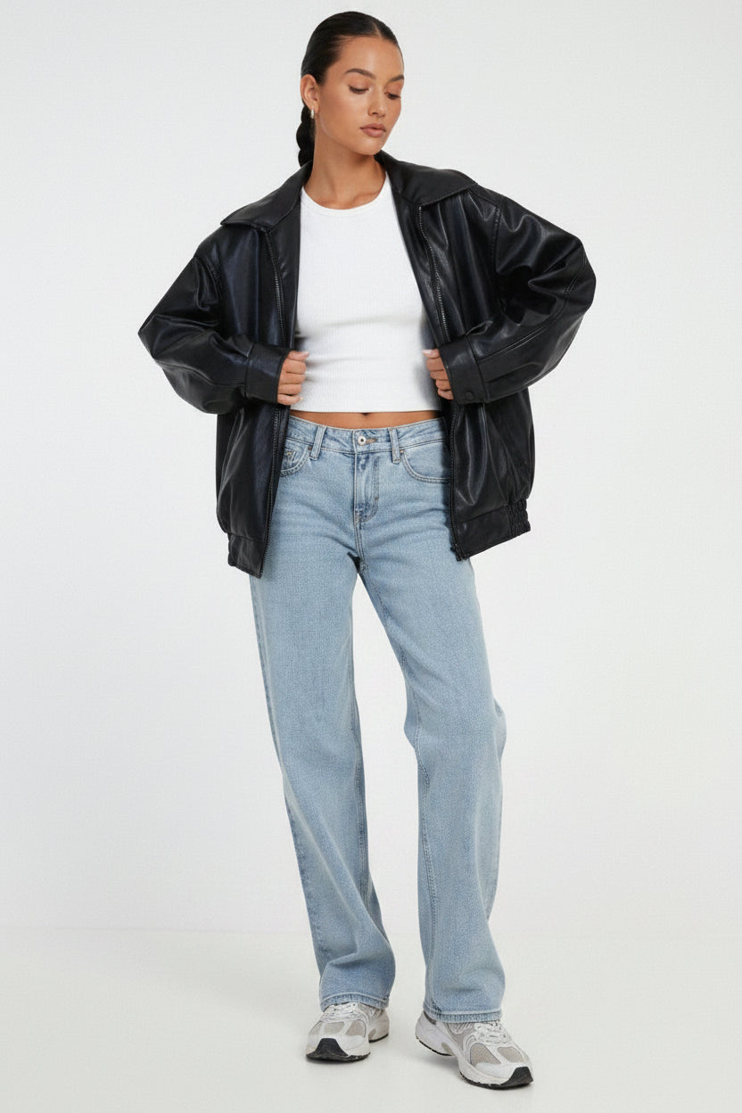 Women's Relaxed Fit PU Leather Bomber Jacket Casual Everyday Outerwear - Lolly 