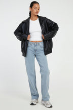 Women's Relaxed Fit PU Leather Bomber Jacket Casual Everyday Outerwear - Lolly 
