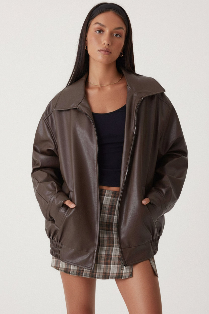 Women's Relaxed Fit PU Leather Bomber Jacket Casual Everyday Outerwear - Lolly 