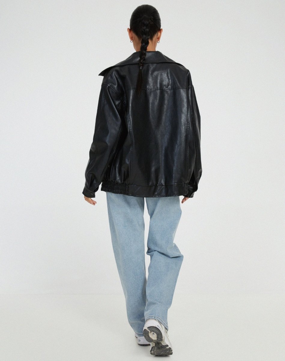 Women's Relaxed Fit PU Leather Bomber Jacket Casual Everyday Outerwear - Lolly 