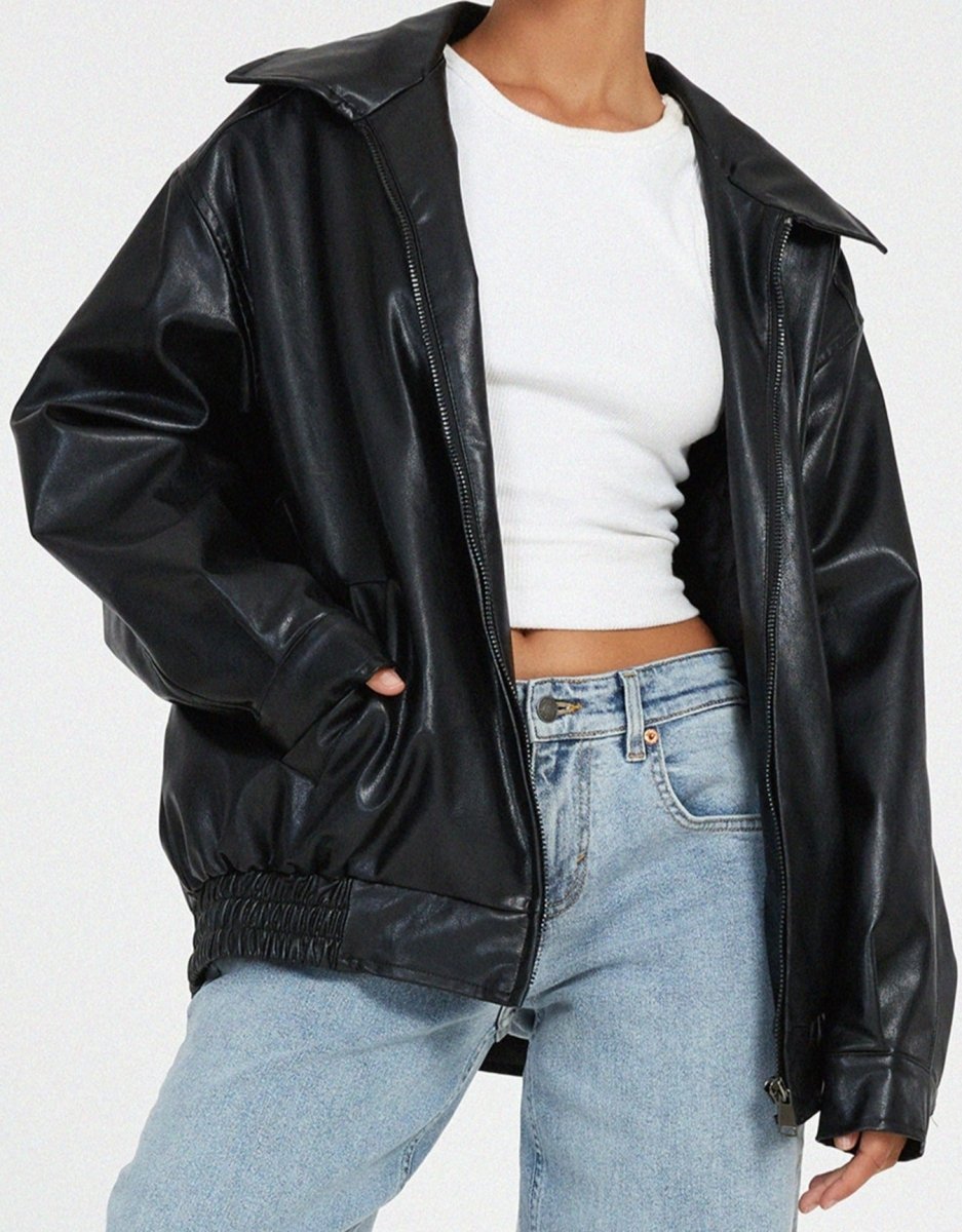 Women's Relaxed Fit PU Leather Bomber Jacket Casual Everyday Outerwear - Lolly 