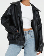 Women's Relaxed Fit PU Leather Bomber Jacket Casual Everyday Outerwear - Lolly 
