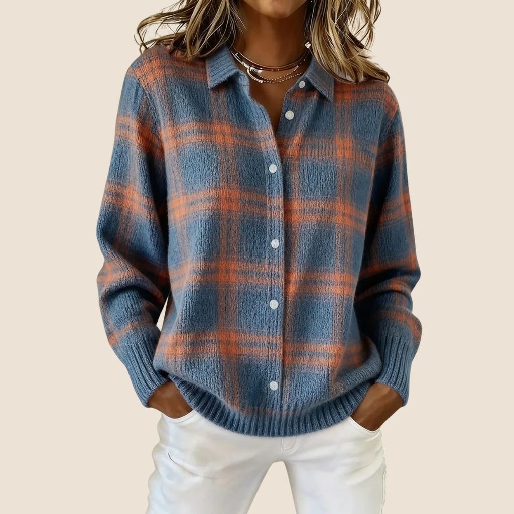 Women's Retro Check Plaid Flannel Shirt Jacket Casual Everyday Fall Winter Cozy Outdoor Streetwear – Vivienne Orange Blue Red - Lolly 