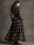 Women's Retro Ethnic Plaid Cowgirl Long Dress Lapel Belted Long Sleeve Casual Relaxed – Reddish Brown - Lolly 