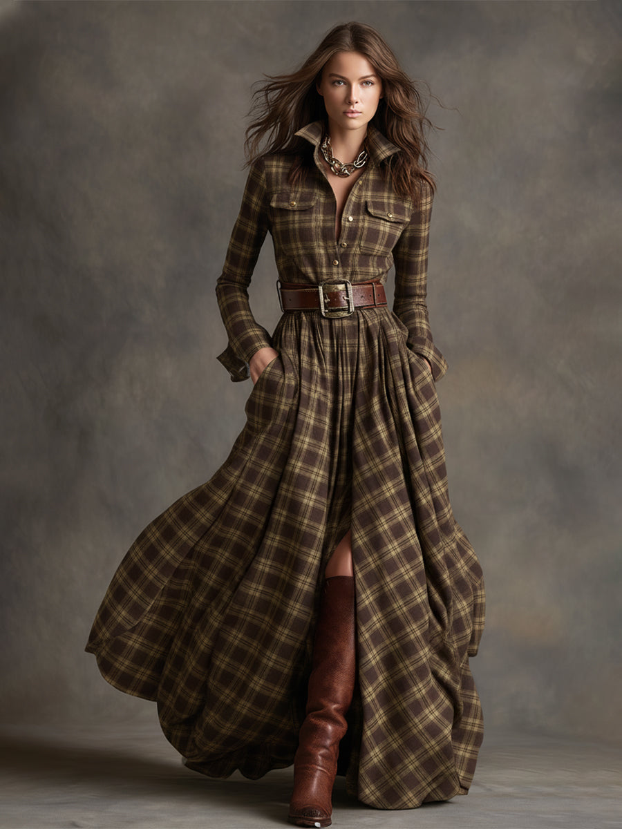 Women's Retro Ethnic Plaid Cowgirl Long Dress Lapel Belted Long Sleeve Casual Relaxed – Reddish Brown - Lolly 