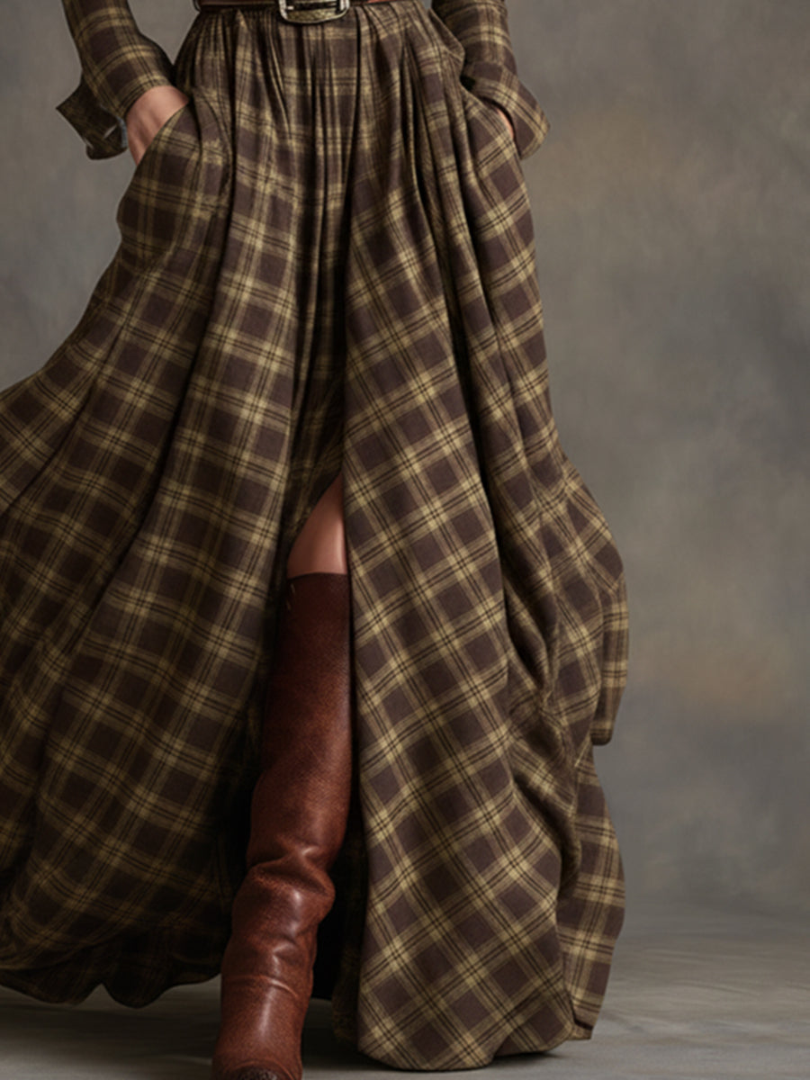 Women's Retro Ethnic Plaid Cowgirl Long Dress Lapel Belted Long Sleeve Casual Relaxed – Reddish Brown - Lolly 