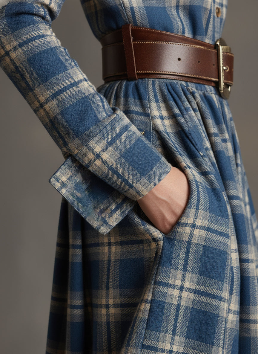 Women's Retro Ethnic Plaid Cowgirl Long Dress Lapel Belted Long Sleeve Casual Relaxed – Reddish Brown - Lolly 