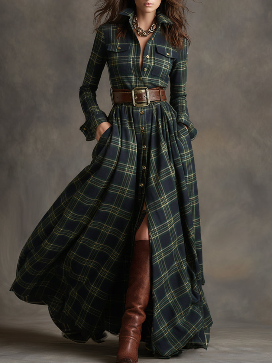 Women's Retro Ethnic Plaid Cowgirl Long Dress Lapel Belted Long Sleeve Casual Relaxed – Reddish Brown - Lolly 