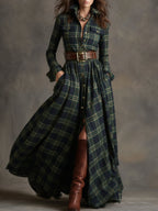 Women's Retro Ethnic Plaid Cowgirl Long Dress Lapel Belted Long Sleeve Casual Relaxed – Reddish Brown - Lolly 