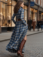 Women's Retro Ethnic Plaid Cowgirl Long Dress Lapel Belted Long Sleeve Casual Relaxed – Reddish Brown - Lolly 