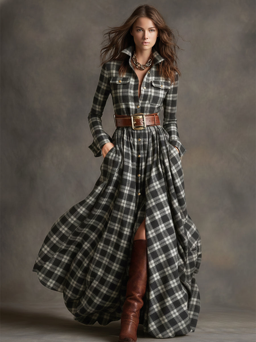 Women's Retro Ethnic Plaid Cowgirl Long Dress Lapel Belted Long Sleeve Casual Relaxed – Reddish Brown - Lolly 