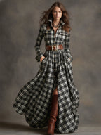 Women's Retro Ethnic Plaid Cowgirl Long Dress Lapel Belted Long Sleeve Casual Relaxed – Reddish Brown - Lolly 