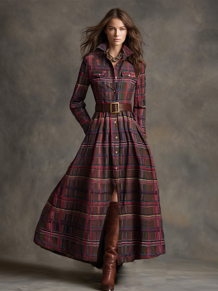 Women's Retro Ethnic Plaid Cowgirl Long Dress Lapel Belted Long Sleeve Casual Relaxed – Reddish Brown - Lolly 
