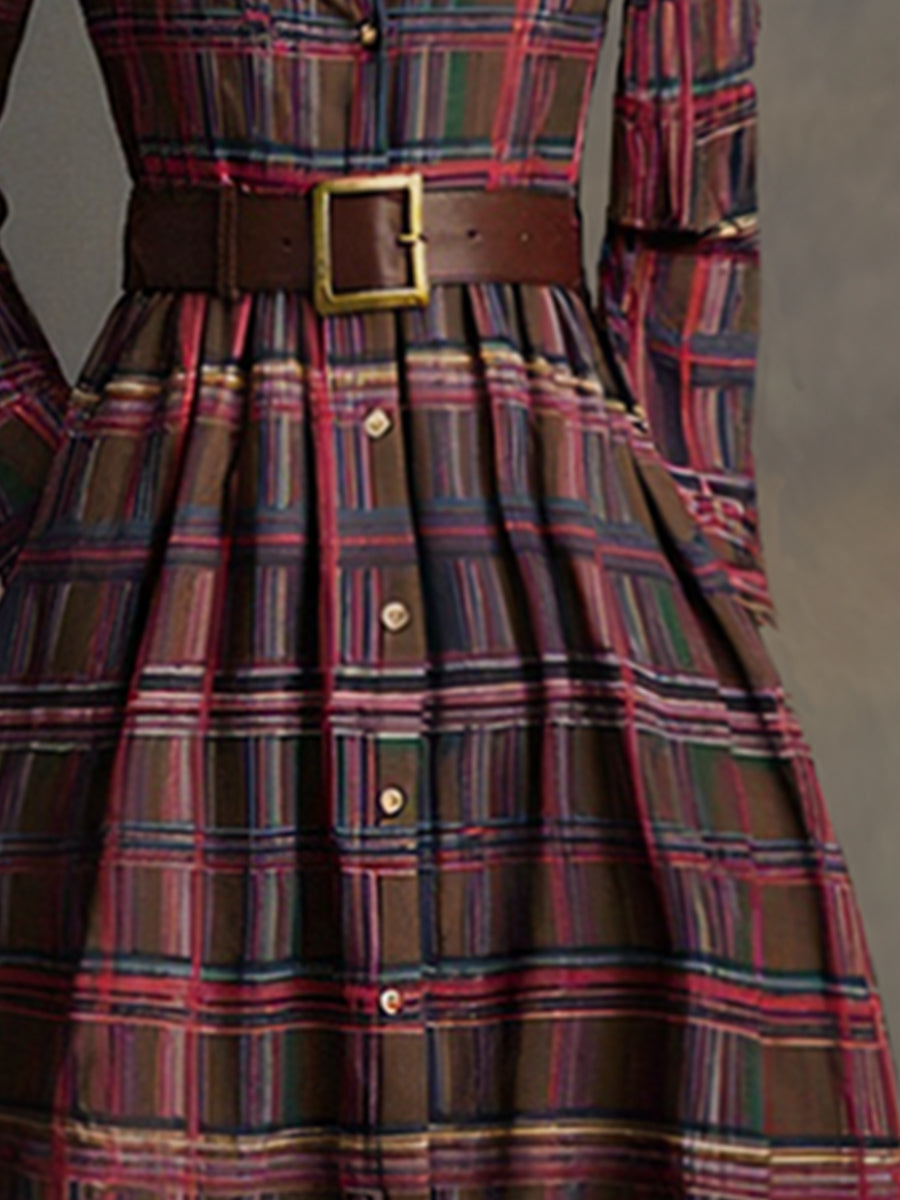Women's Retro Ethnic Plaid Cowgirl Long Dress Lapel Belted Long Sleeve Casual Relaxed – Reddish Brown - Lolly 