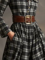 Women's Retro Ethnic Plaid Cowgirl Long Dress Lapel Belted Long Sleeve Casual Relaxed – Reddish Brown - Lolly 
