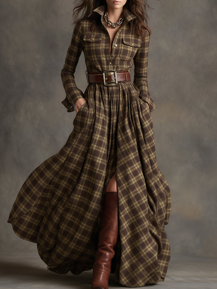 Women's Retro Ethnic Plaid Cowgirl Long Dress Lapel Belted Long Sleeve Casual Relaxed – Reddish Brown - Lolly 
