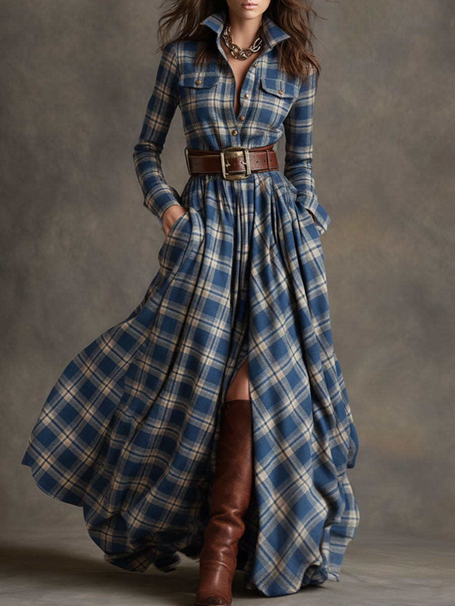 Women's Retro Ethnic Plaid Cowgirl Long Dress Lapel Belted Long Sleeve Casual Relaxed – Reddish Brown - Lolly 