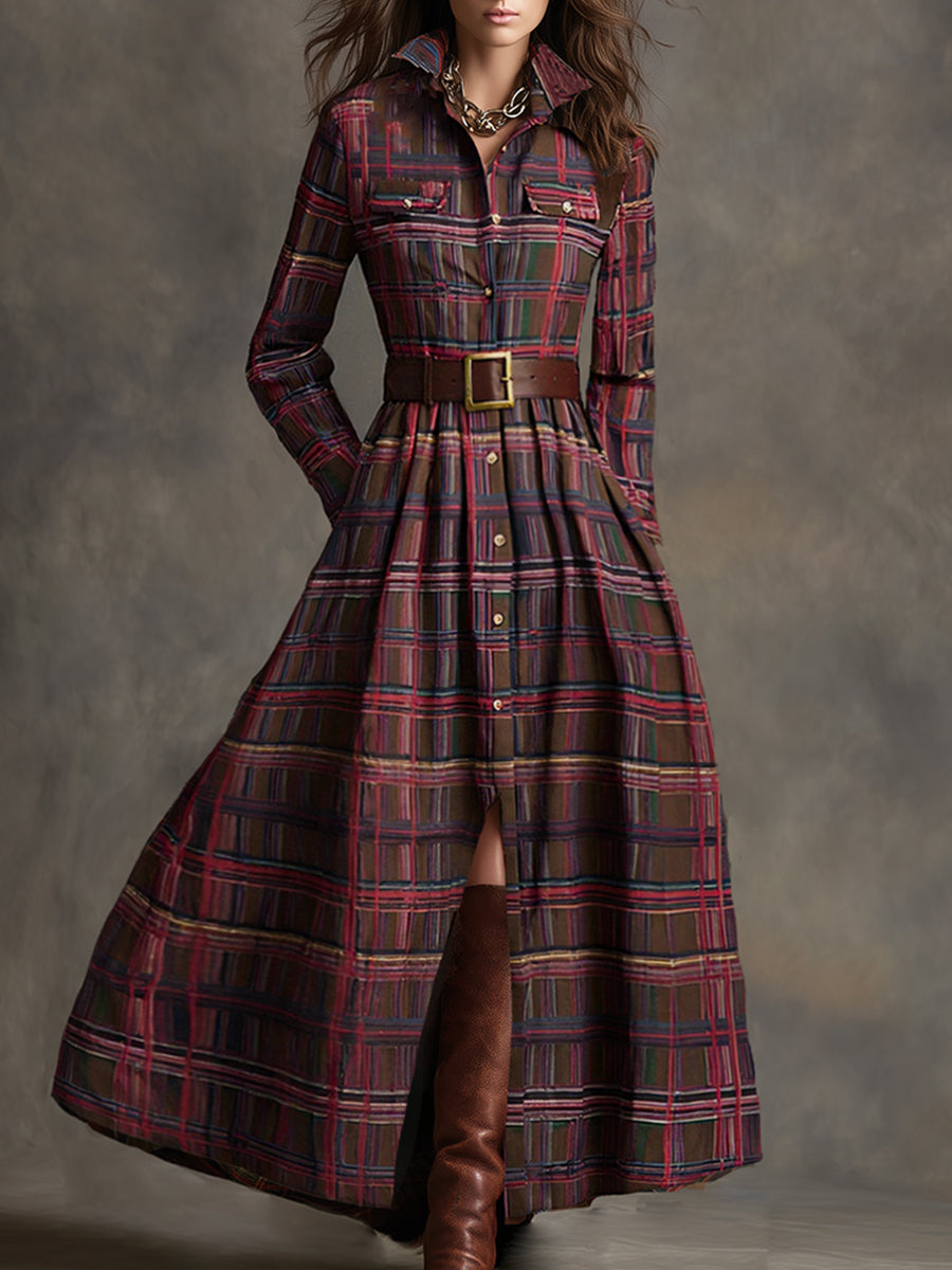 Women's Retro Ethnic Plaid Cowgirl Long Dress Lapel Belted Long Sleeve Casual Relaxed – Reddish Brown - Lolly 