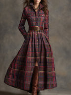 Women's Retro Ethnic Plaid Cowgirl Long Dress Lapel Belted Long Sleeve Casual Relaxed – Reddish Brown - Lolly 