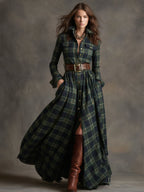 Women's Retro Ethnic Plaid Cowgirl Long Dress Lapel Belted Long Sleeve Casual Relaxed – Reddish Brown - Lolly 
