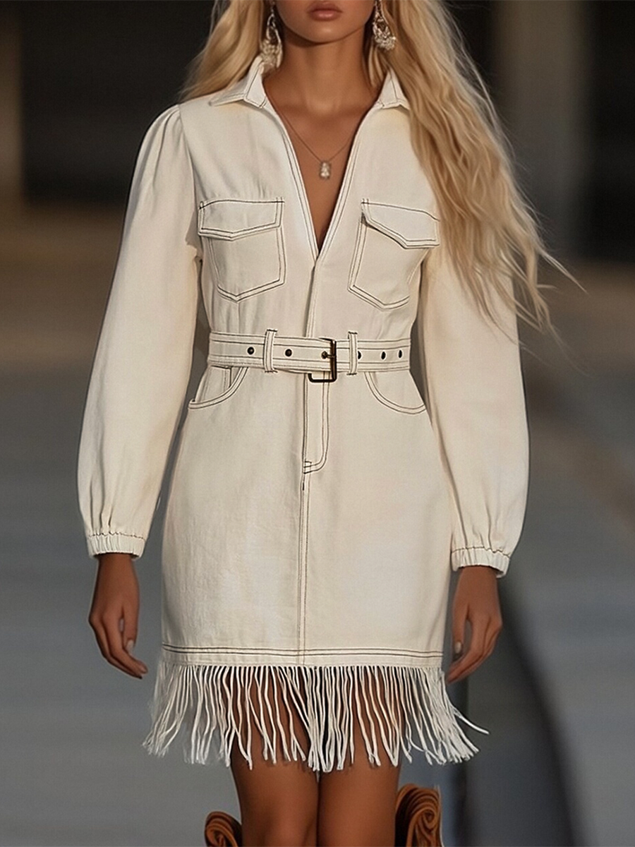 Women's Retro High-End Denim Short Dress Tassel Splicing Belted Relaxed Fit Casual Party Cowgirl - Lolly 
