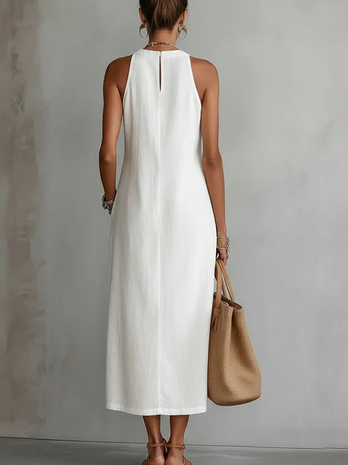 Women's Retro Minimalist Linen Midi Dress Sleeveless High Neck Lace Detail Casual Summer Beach Vacation Everyday – Celeste - Lolly 